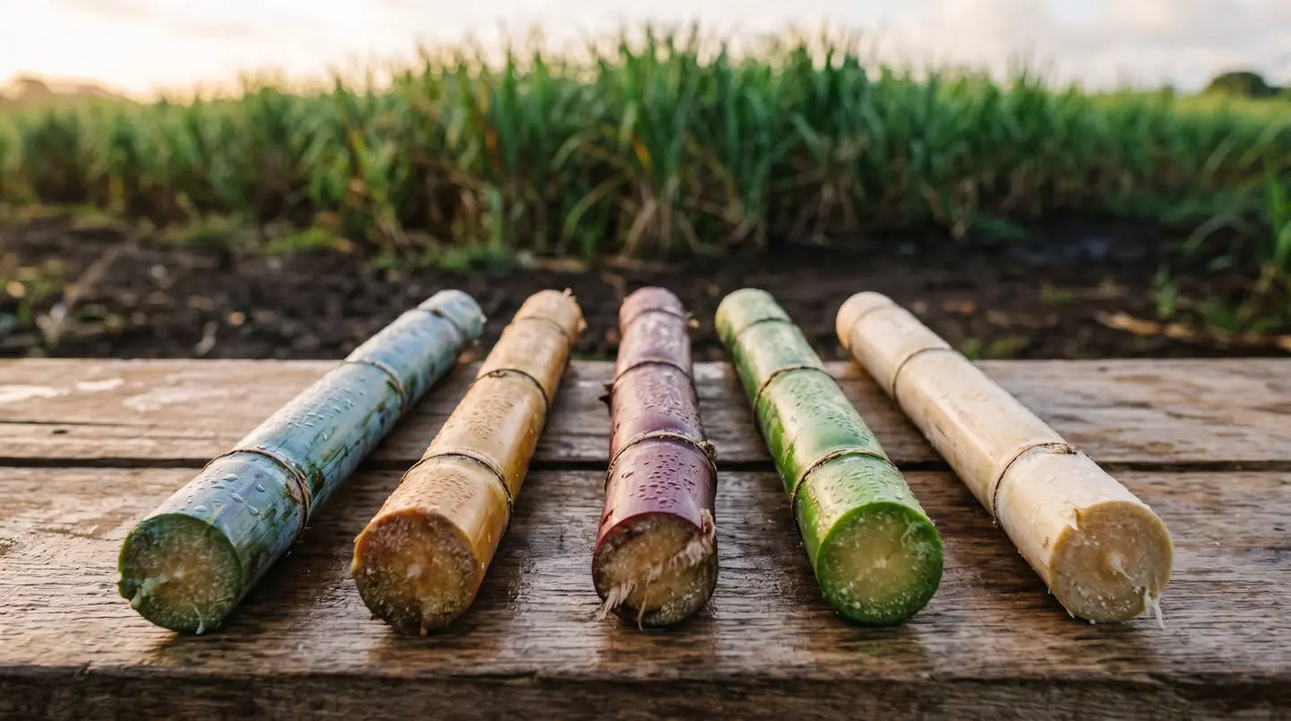 Cinq tiges de cannes à sucre fraîchement coupées présentant des variations de couleur : bleue, cannelle dorée, rouge bordeaux, verte et cristalline pâle, sur bois tropical avec champ en arrière-plan