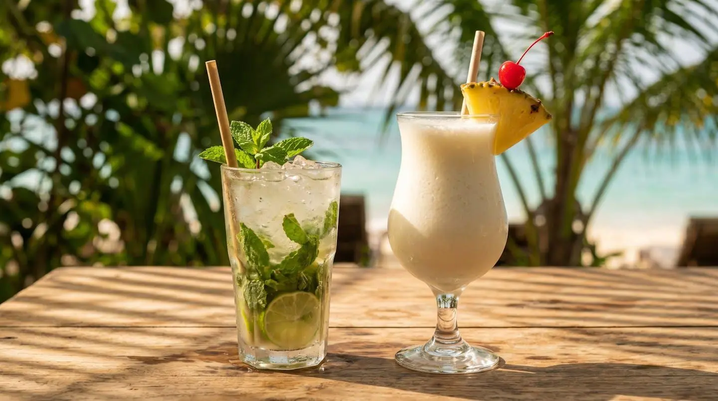 Mojito et Piña Colada servis dans des verres appropriés sur table en bois tropical, lumière filtrée par feuillage, mer turquoise en arrière-plan flou